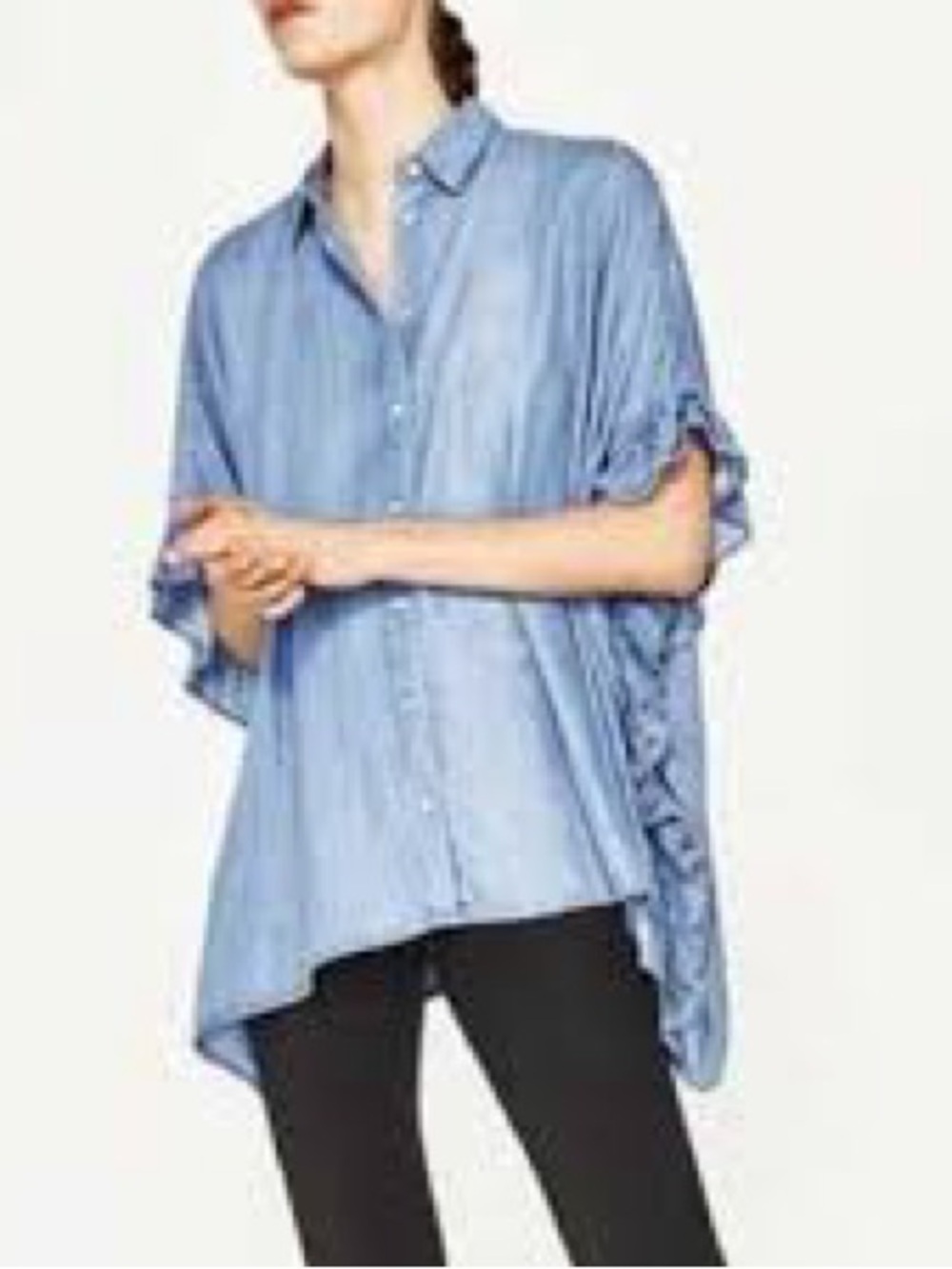 Zara Women’s Denim Ruffle Sleeveless Top Medium Boho Chambray Oversized #0158